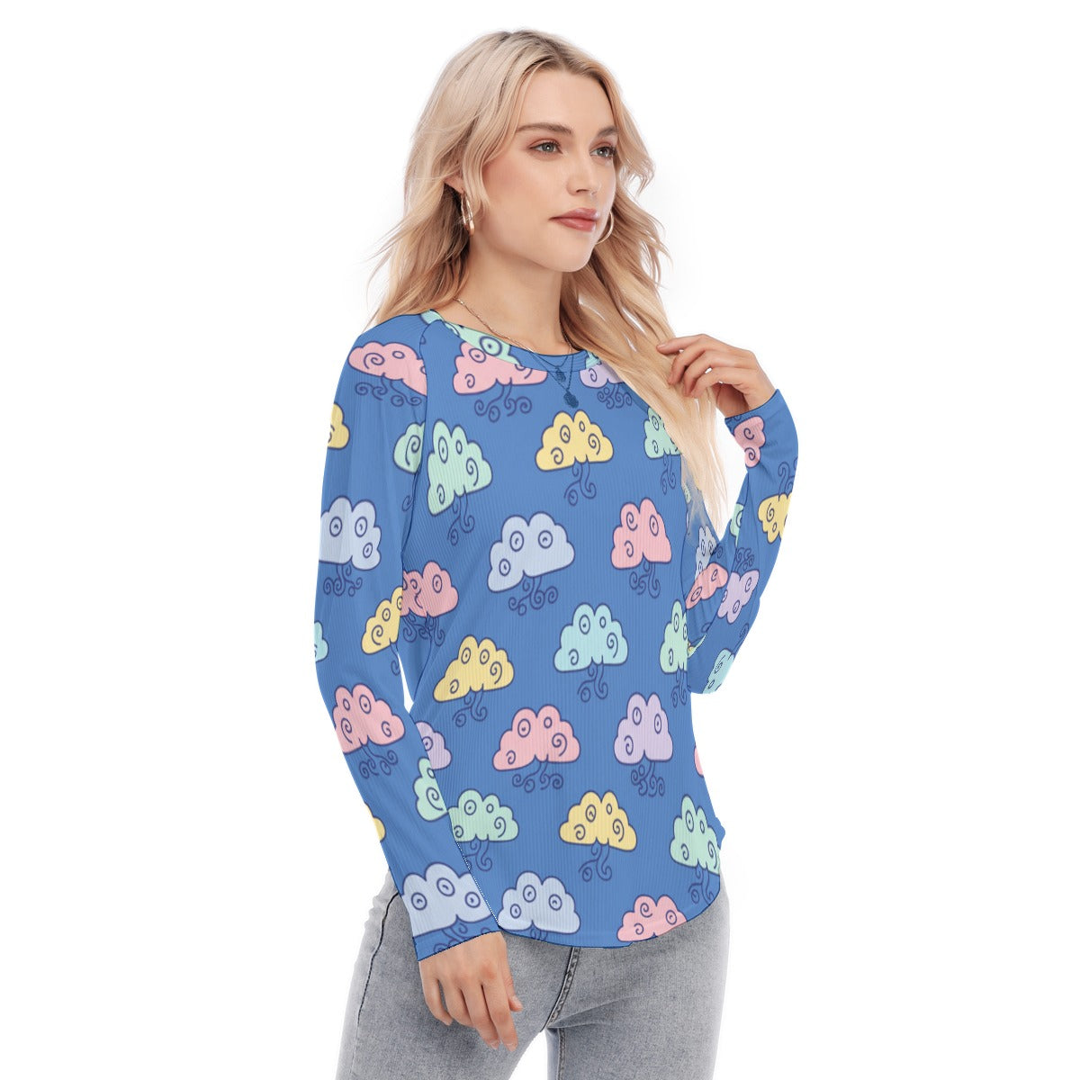 Women's Raglan Sleeves U-Shaped Hem Long Sleeves Blouse