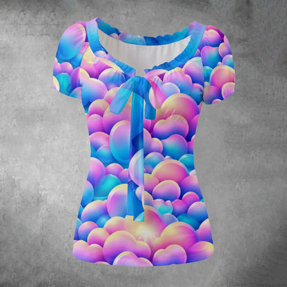 All-over print Women's Puff Sleeve Pleated Shirt