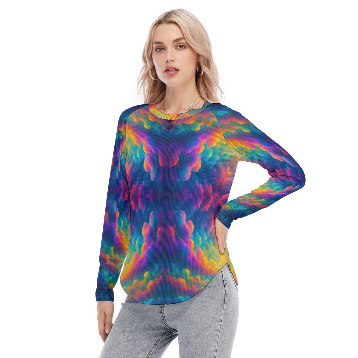 Women's Raglan Sleeves U-Shaped Hem Long Sleeves Blouse