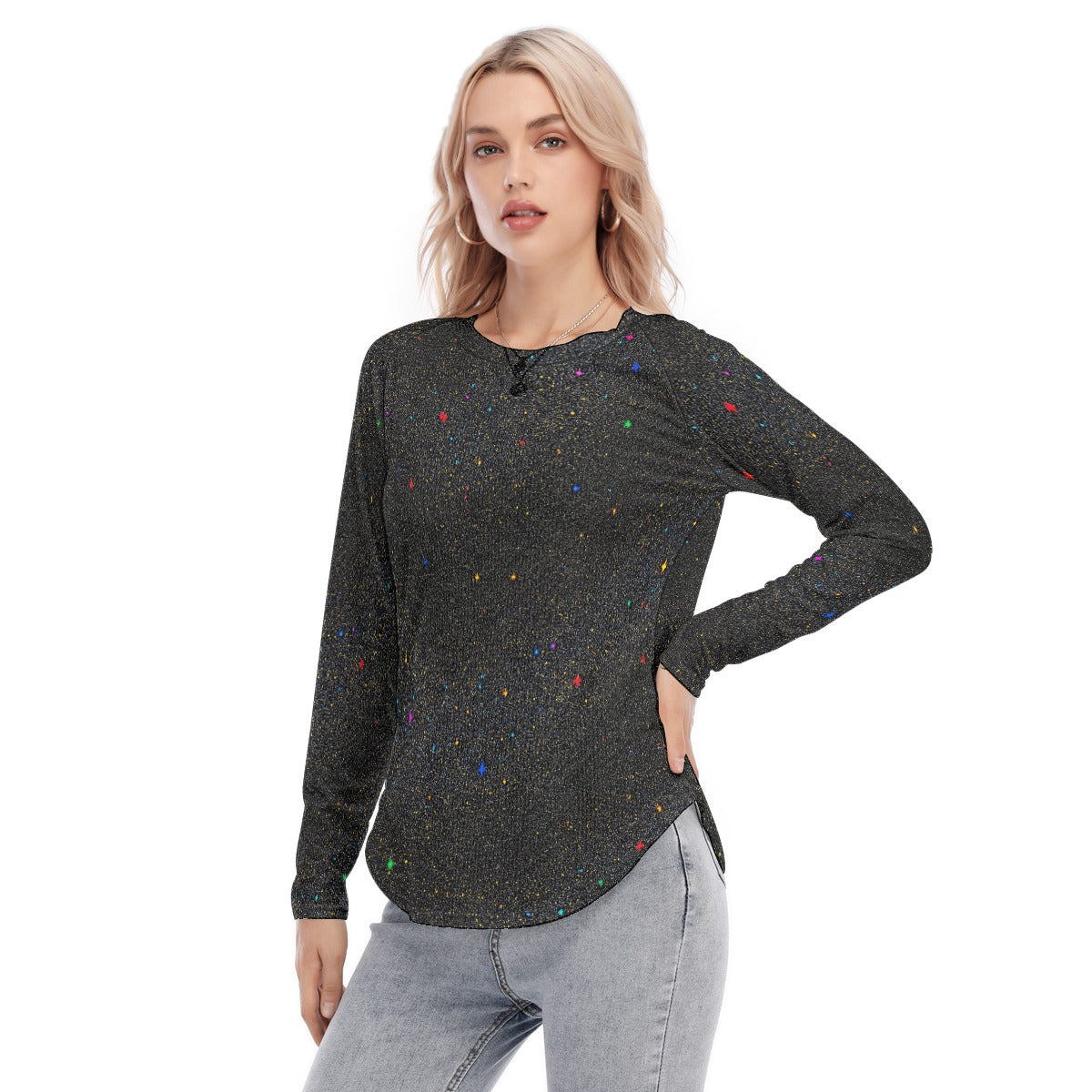 Women's Raglan Sleeves U-Shaped Hem Long Sleeves Blouse