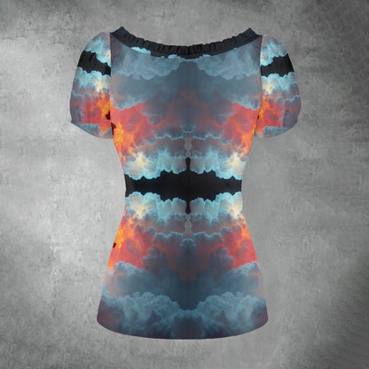 All-over print Women's Puff Sleeve Pleated Shirt