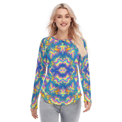 Women's Raglan Sleeves U-Shaped Hem Long Sleeves Blouse