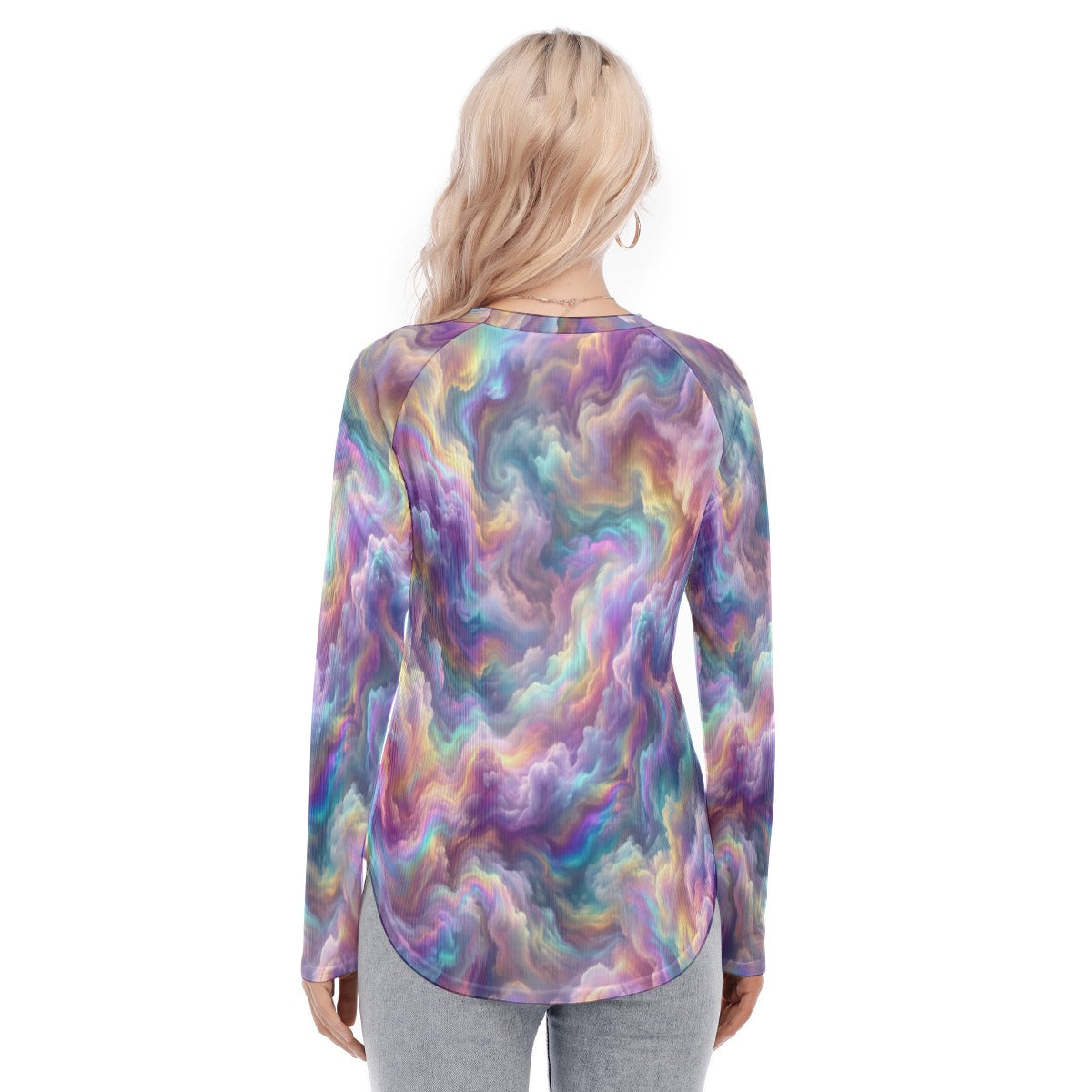 Women's Raglan Sleeves U-Shaped Hem Long Sleeves Blouse