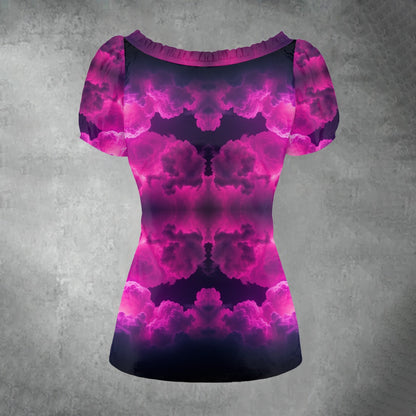 All-over print Women's Puff Sleeve Pleated Shirt