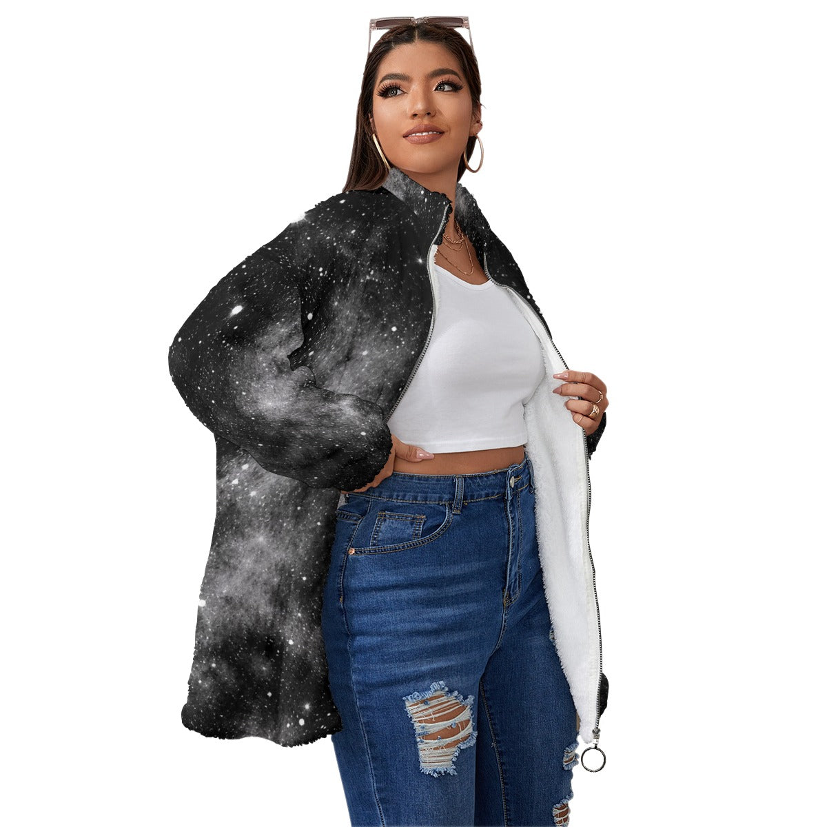 Unisex Borg-Fleece Stand-Up Collar Zip Coat — Plus Size - view 3