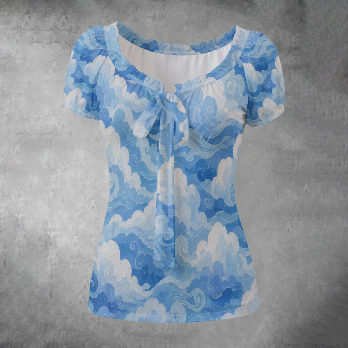 All-over print Women's Puff Sleeve Pleated Shirt