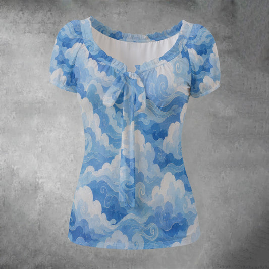 All-over print Women's Puff Sleeve Pleated Shirt