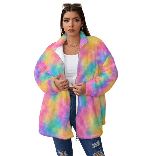 Unisex Borg-Fleece Stand-Up Collar Zip Coat — Plus Size - view 1