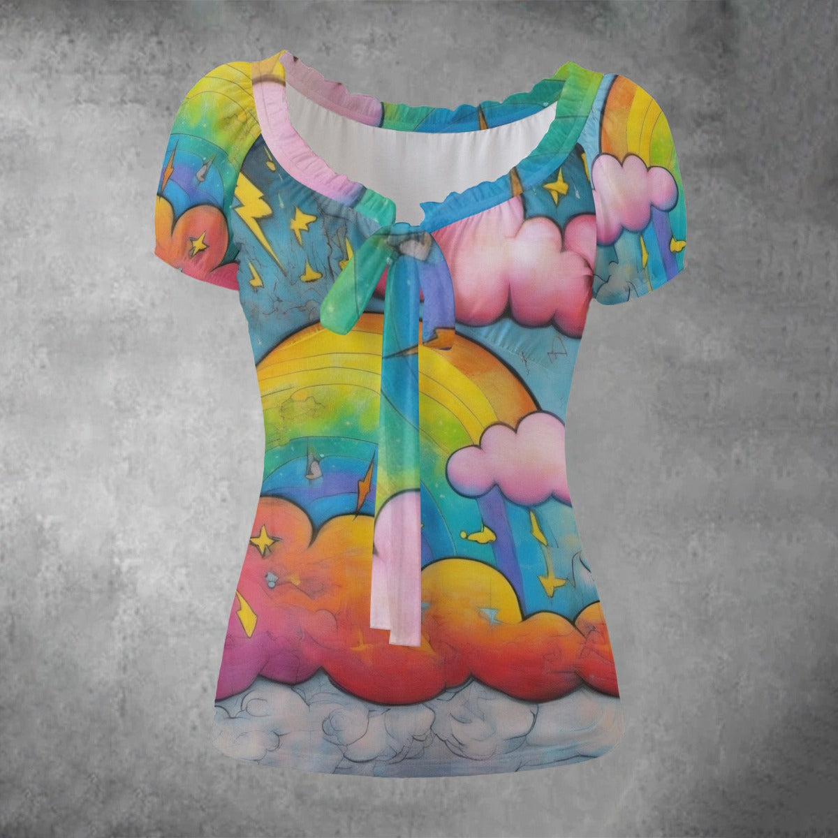 All-over print Women's Puff Sleeve Pleated Shirt