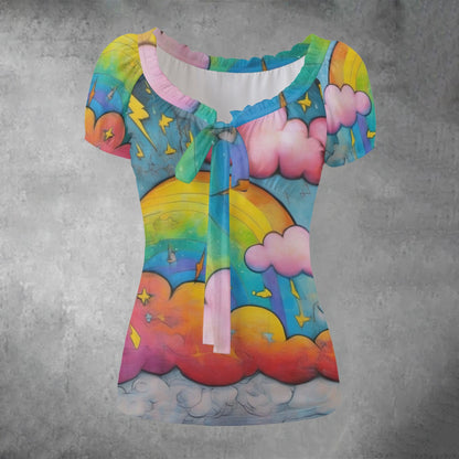 All-over print Women's Puff Sleeve Pleated Shirt