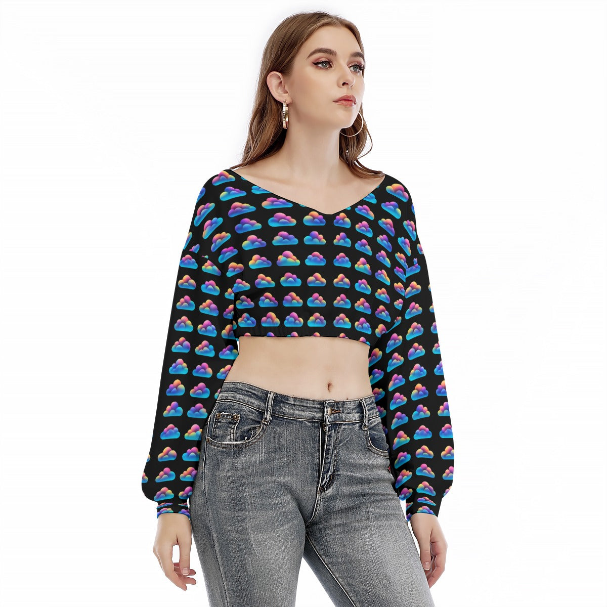 Women's V-neck Long Sleeve Cropped Sweatshirt