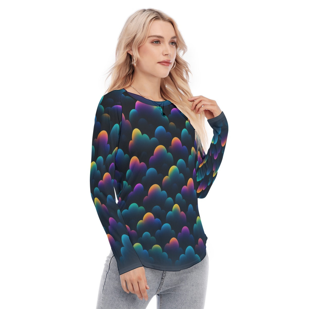Women's Raglan Sleeves U-Shaped Hem Long Sleeves Blouse