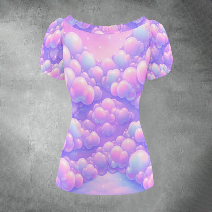 All-over print Women's Puff Sleeve Pleated Shirt