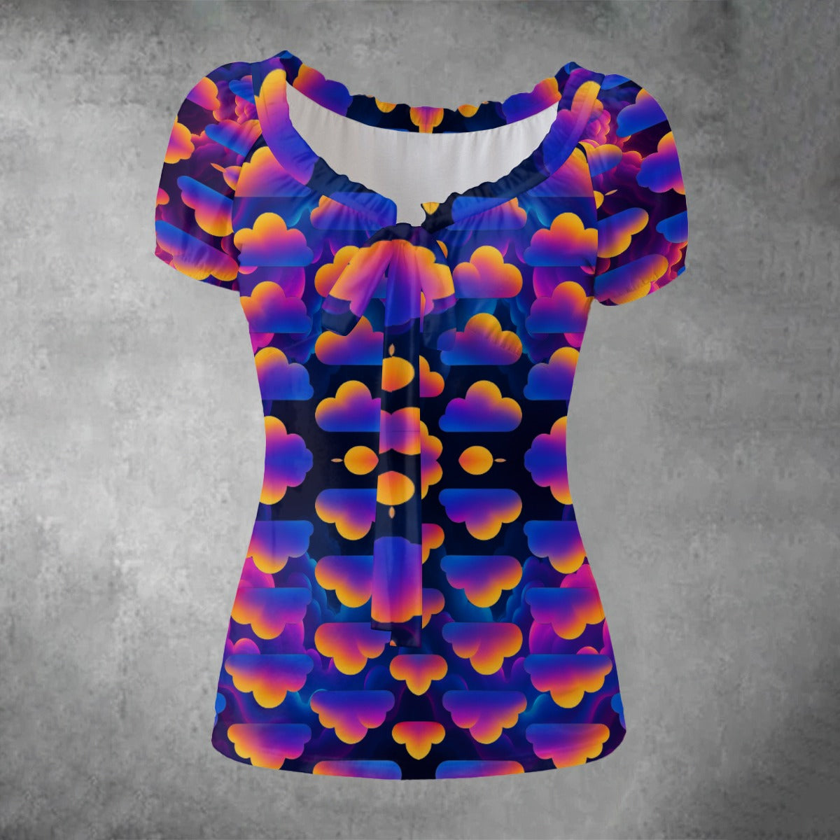 All-over print Women's Puff Sleeve Pleated Shirt