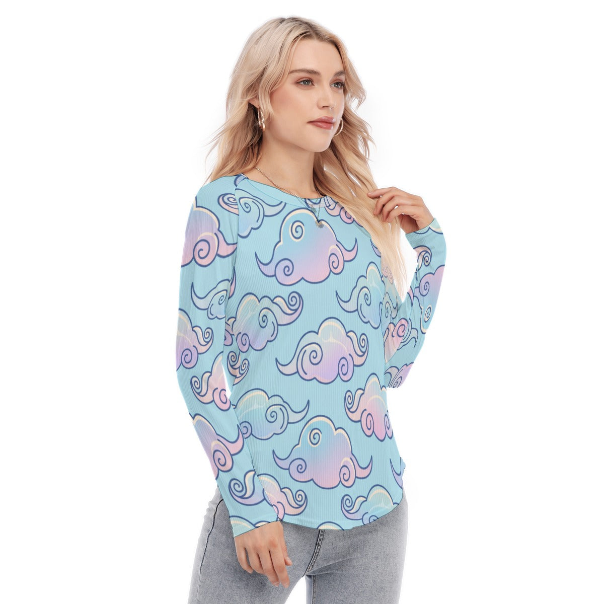 Women's Raglan Sleeves U-Shaped Hem Long Sleeves Blouse