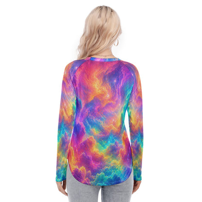 Women's Raglan Sleeves U-Shaped Hem Long Sleeves Blouse