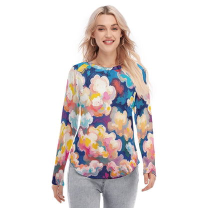 Women's Raglan Sleeves U-Shaped Hem Long Sleeves Blouse