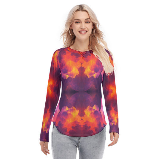 Women's Raglan Sleeves U-Shaped Hem Long Sleeves Blouse