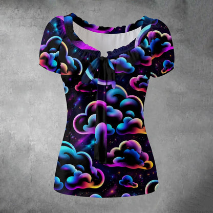 All-over print Women's Puff Sleeve Pleated Shirt