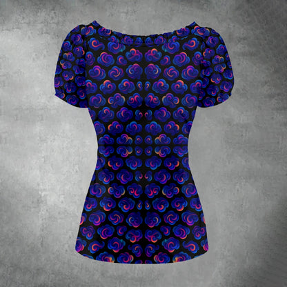 All-over print Women's Puff Sleeve Pleated Shirt