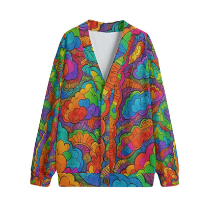 Unisex V-neck Knitted Fleece Cardigan With Button Closure