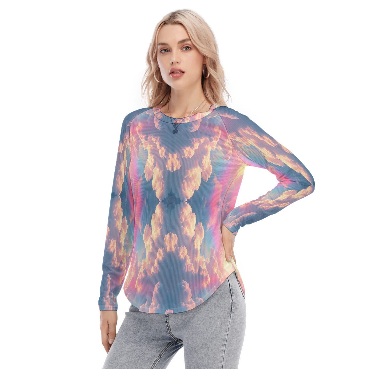Women's Raglan Sleeves U-Shaped Hem Long Sleeves Blouse