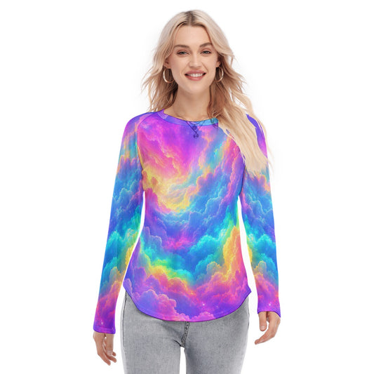 Women's Raglan Sleeves U-Shaped Hem Long Sleeves Blouse