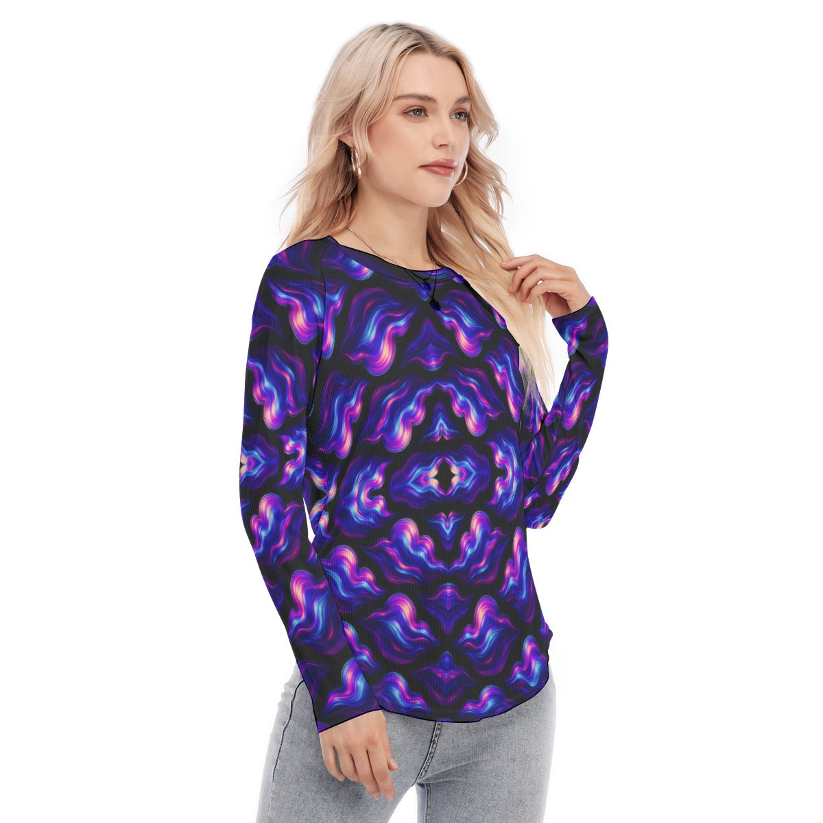 Women's Raglan Sleeves U-Shaped Hem Long Sleeves Blouse