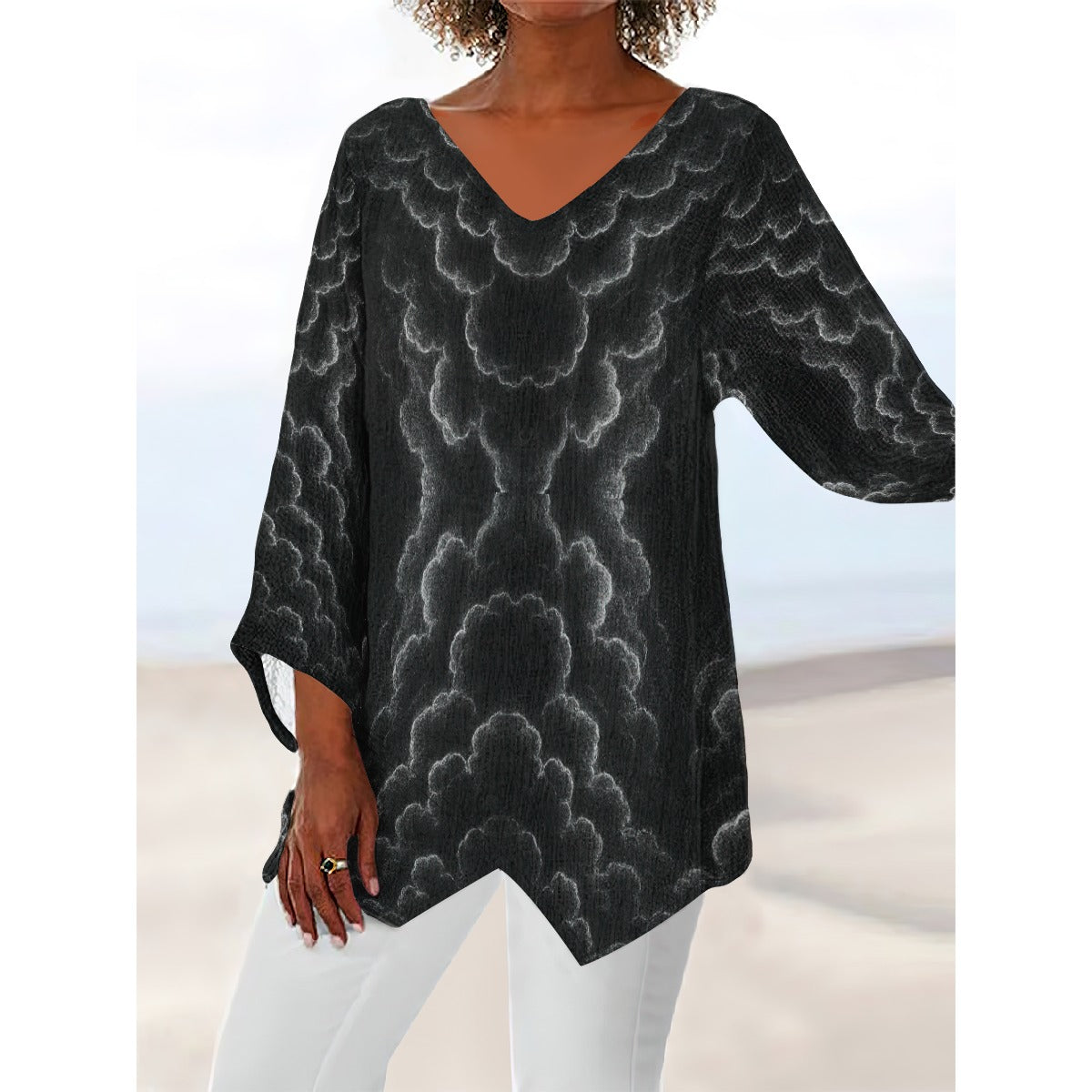 Women's V-neck T-shirt With Irregular Hem