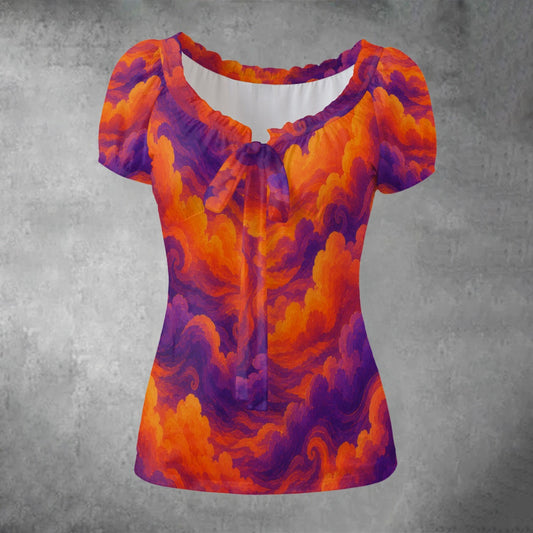 All-over print Women's Puff Sleeve Pleated Shirt
