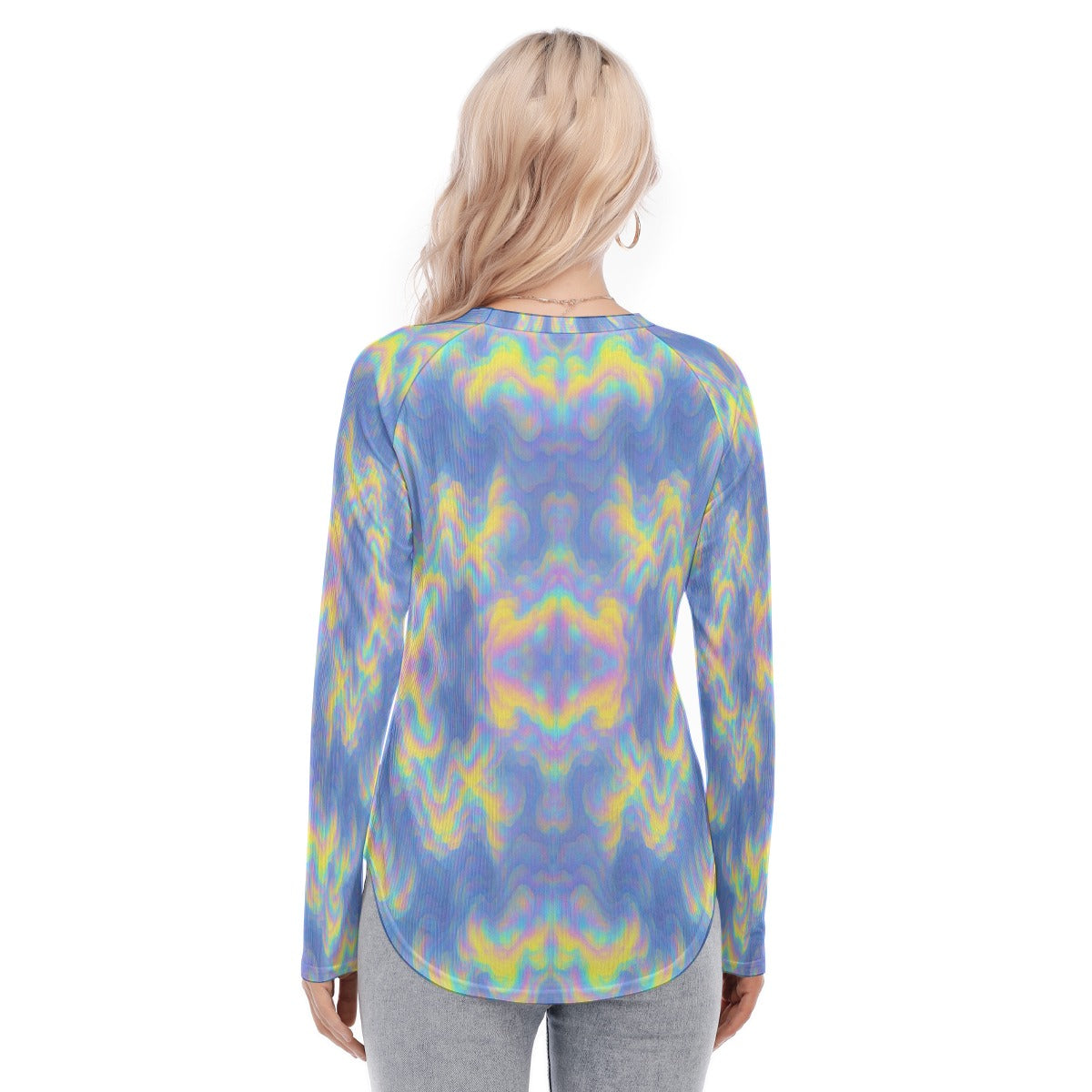 Women's Raglan Sleeves U-Shaped Hem Long Sleeves Blouse