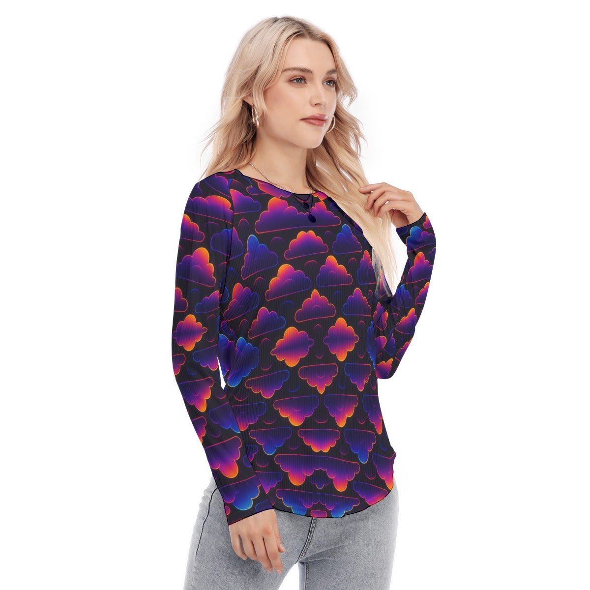 Women's Raglan Sleeves U-Shaped Hem Long Sleeves Blouse