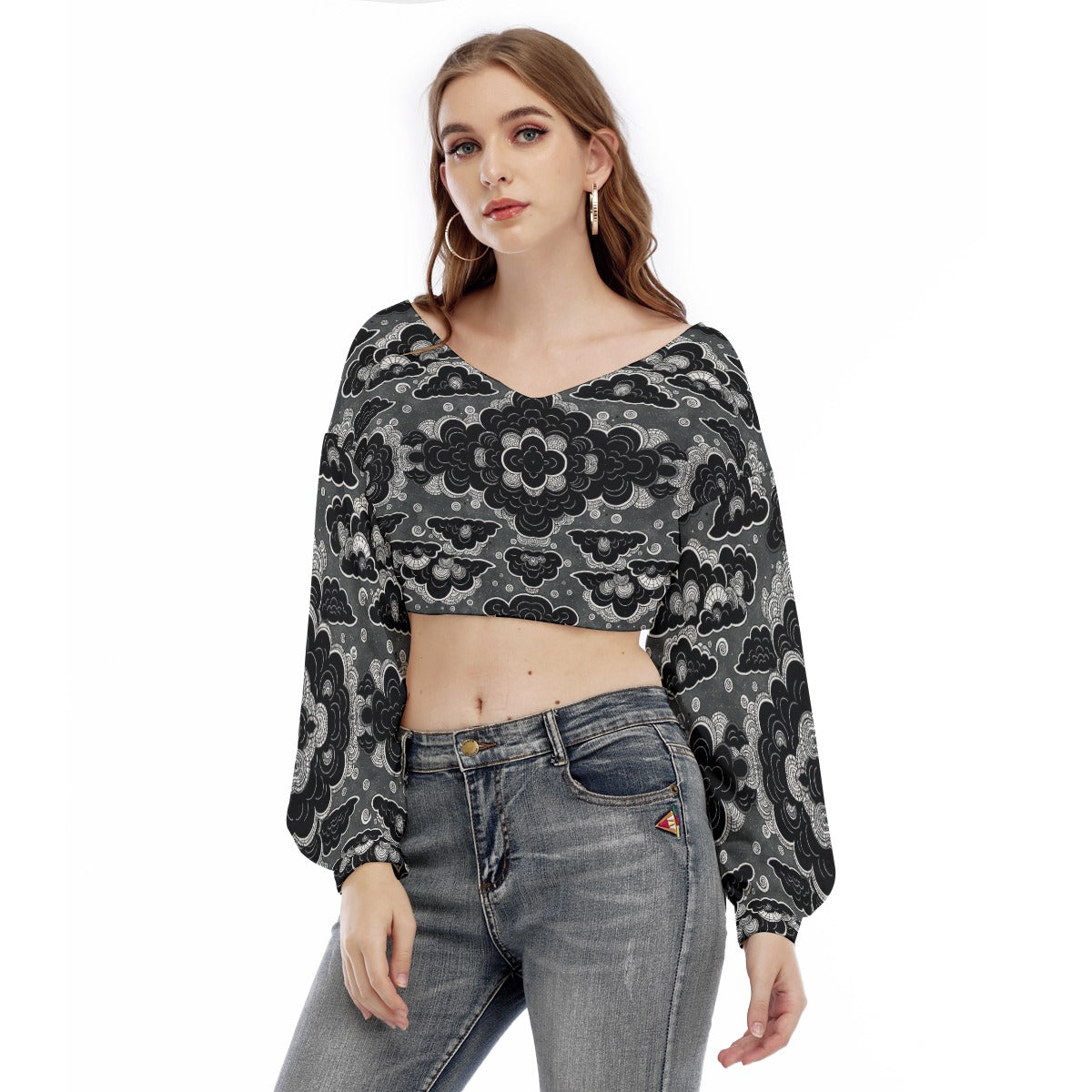 Women's V-neck Long Sleeve Cropped Sweatshirt