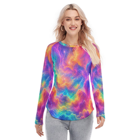 Women's Raglan Sleeves U-Shaped Hem Long Sleeves Blouse