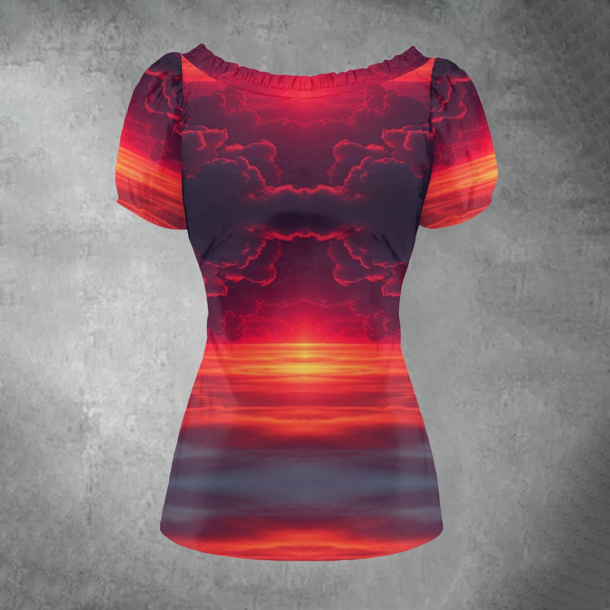 All-over print Women's Puff Sleeve Pleated Shirt