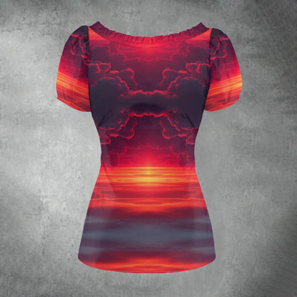 All-over print Women's Puff Sleeve Pleated Shirt