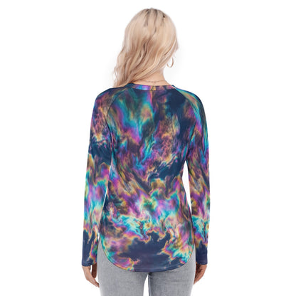 Women's Raglan Sleeves U-Shaped Hem Long Sleeves Blouse