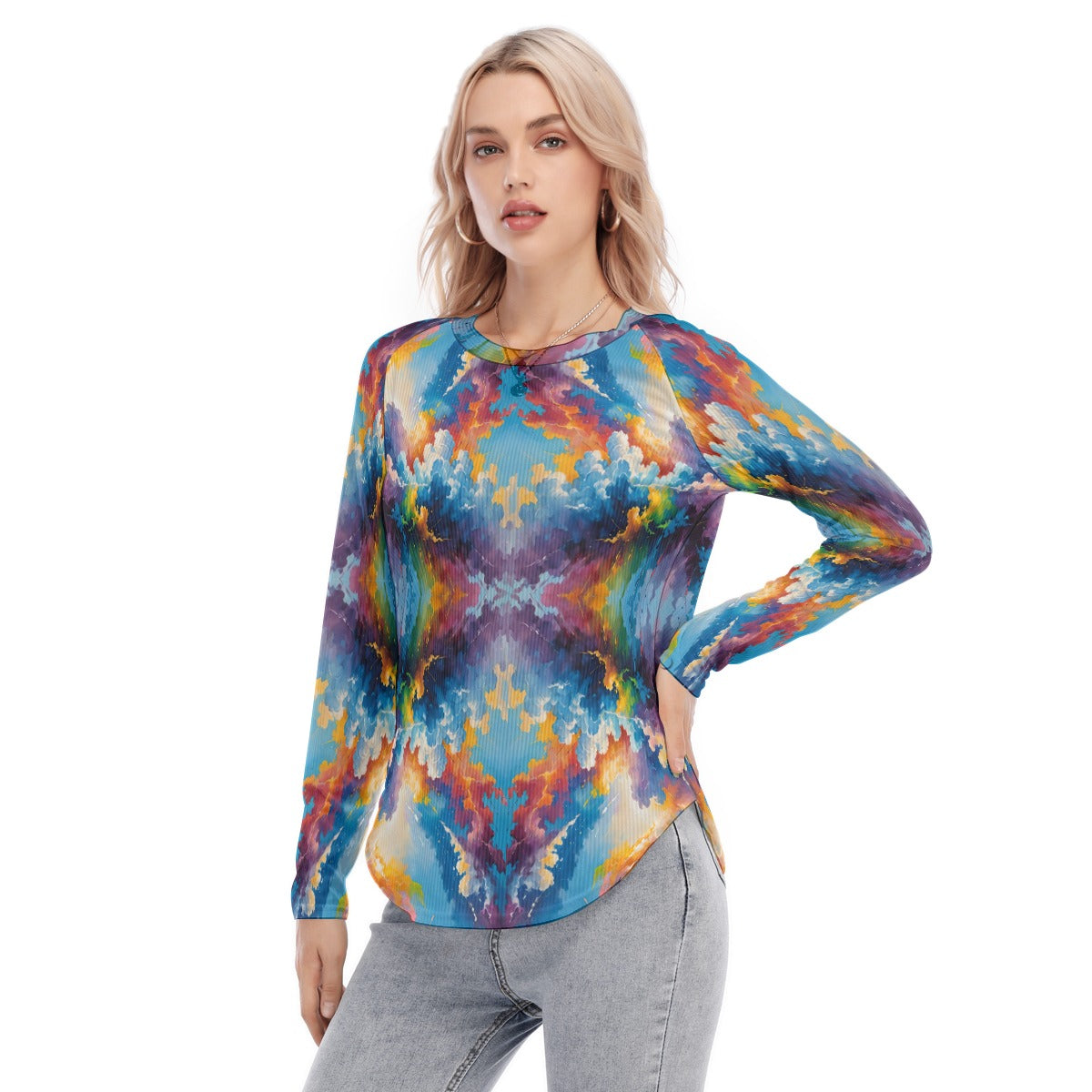 Women's Raglan Sleeves U-Shaped Hem Long Sleeves Blouse