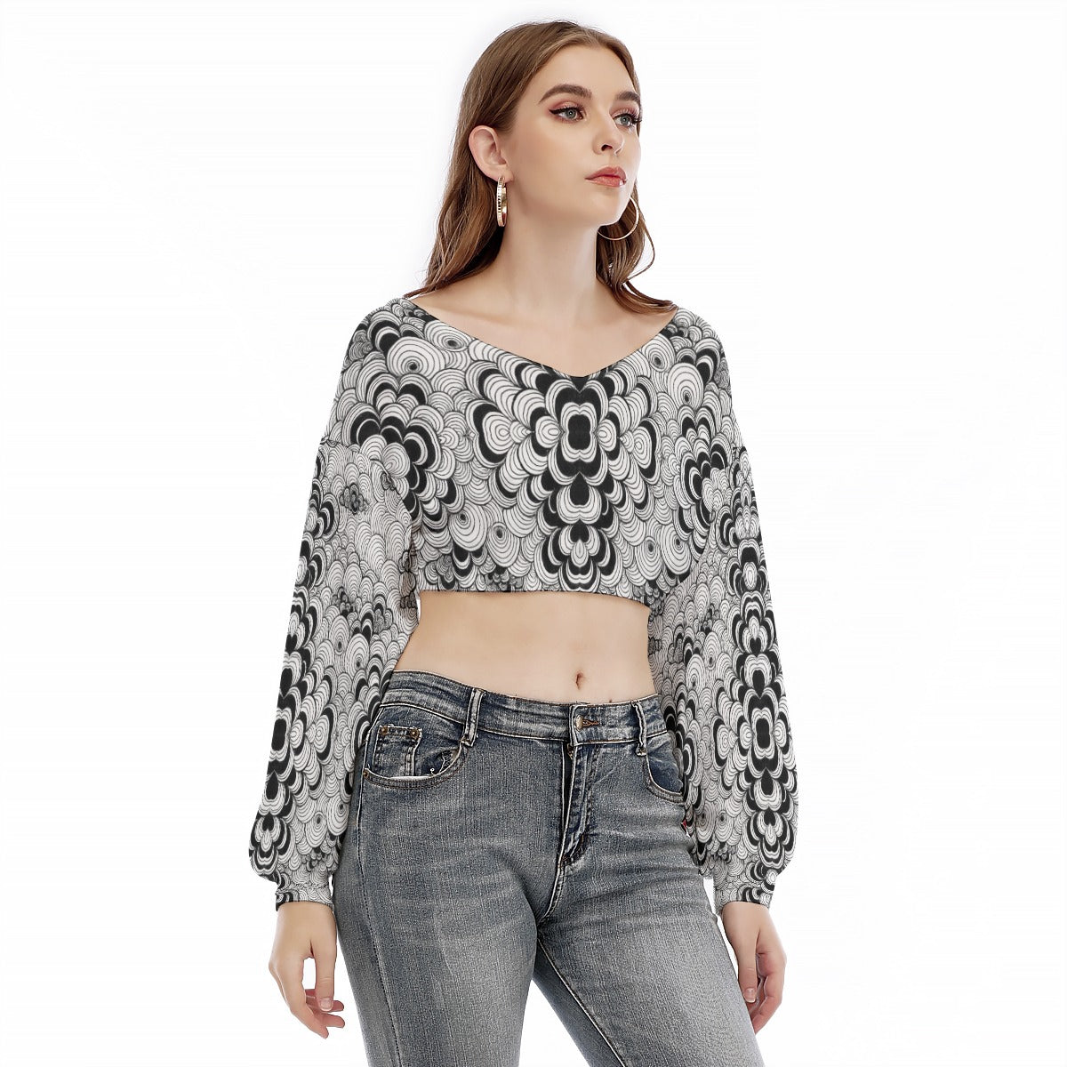 Women's V-neck Long Sleeve Cropped Sweatshirt