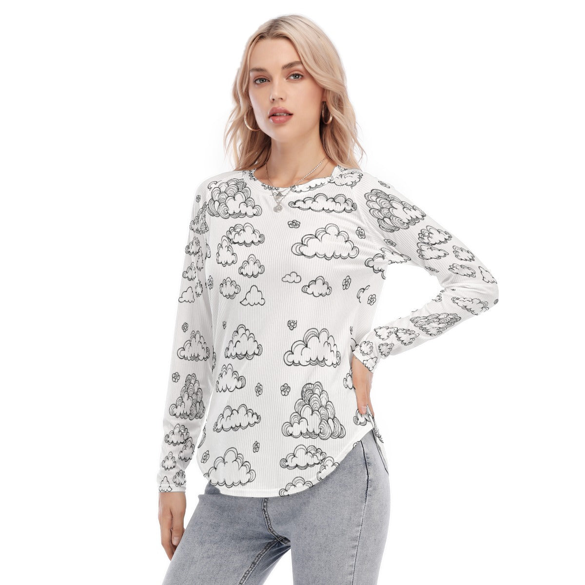 Women's Raglan Sleeves U-Shaped Hem Long Sleeves Blouse