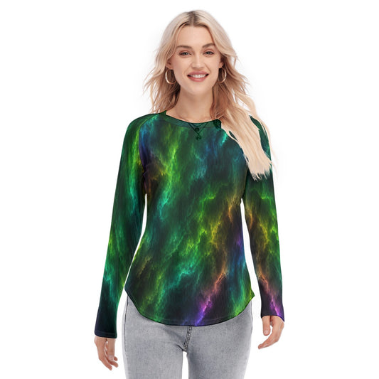 Women's Raglan Sleeves U-Shaped Hem Long Sleeves Blouse