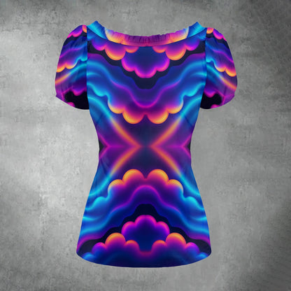 All-over print Women's Puff Sleeve Pleated Shirt