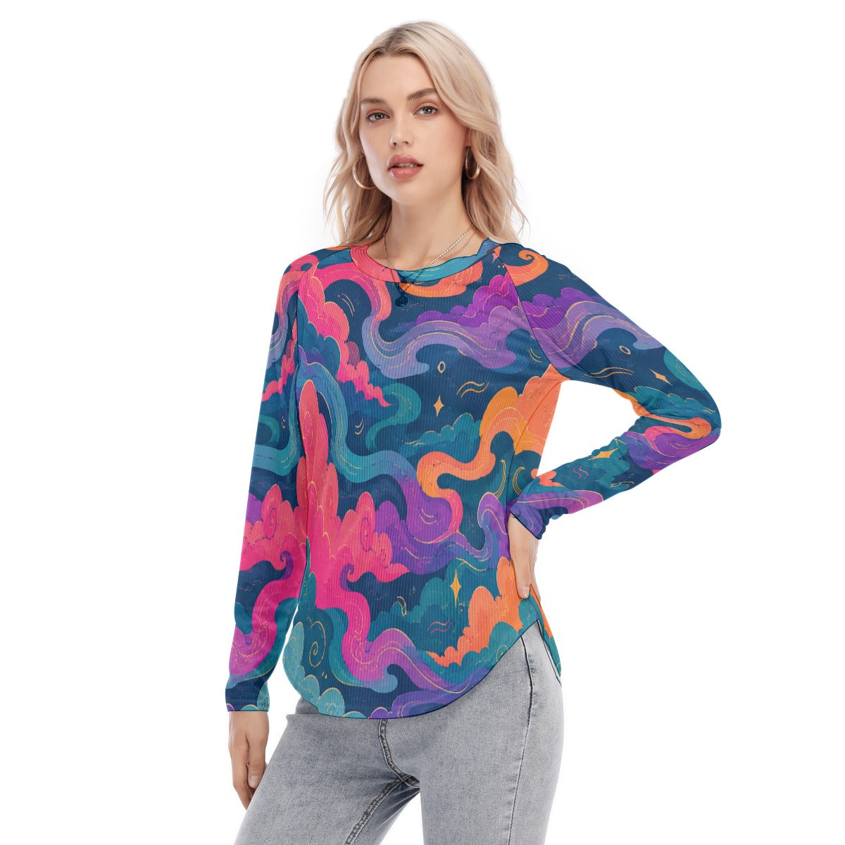 Women's Raglan Sleeves U-Shaped Hem Long Sleeves Blouse