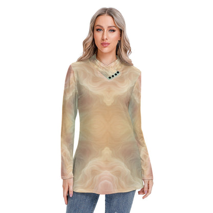 Women's Long-sleeved Heap-neck Slim Casual Tunic Blouse