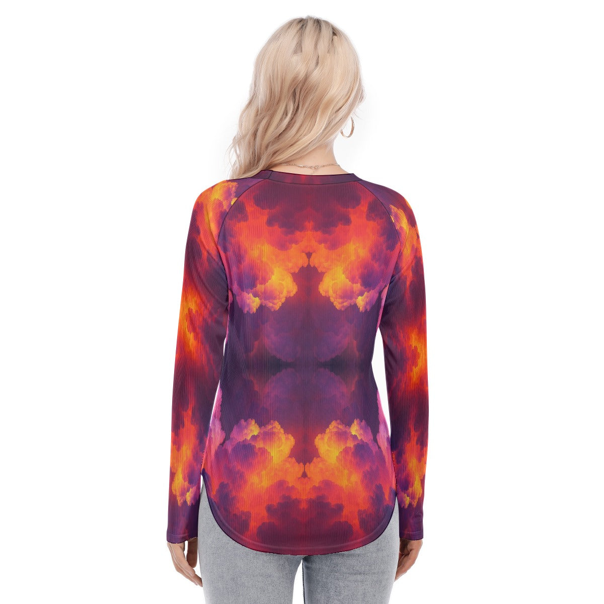 Women's Raglan Sleeves U-Shaped Hem Long Sleeves Blouse