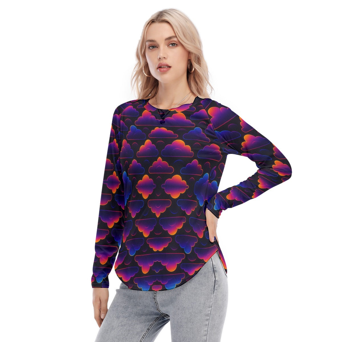 Women's Raglan Sleeves U-Shaped Hem Long Sleeves Blouse