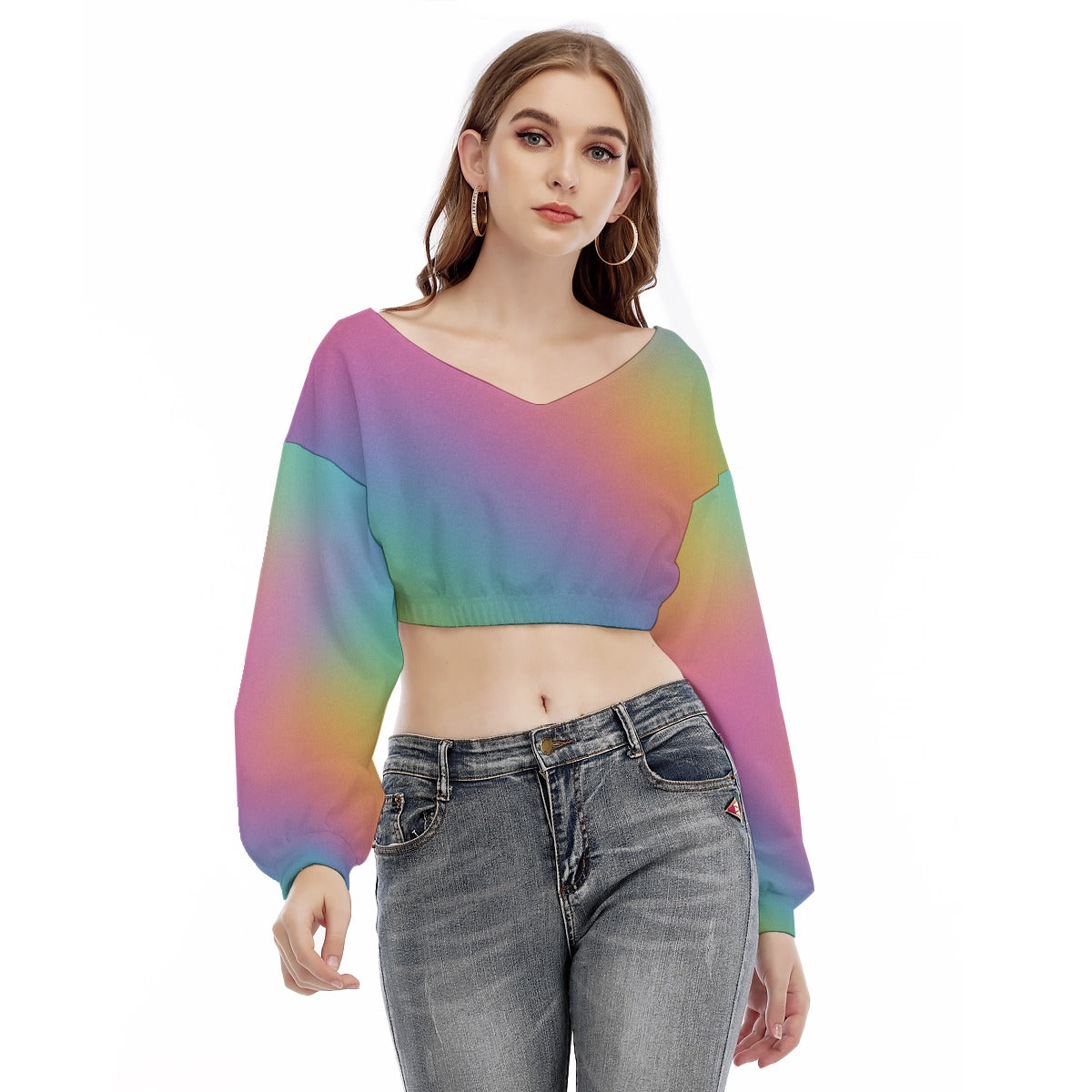 Women's V-neck Long Sleeve Cropped Sweatshirt