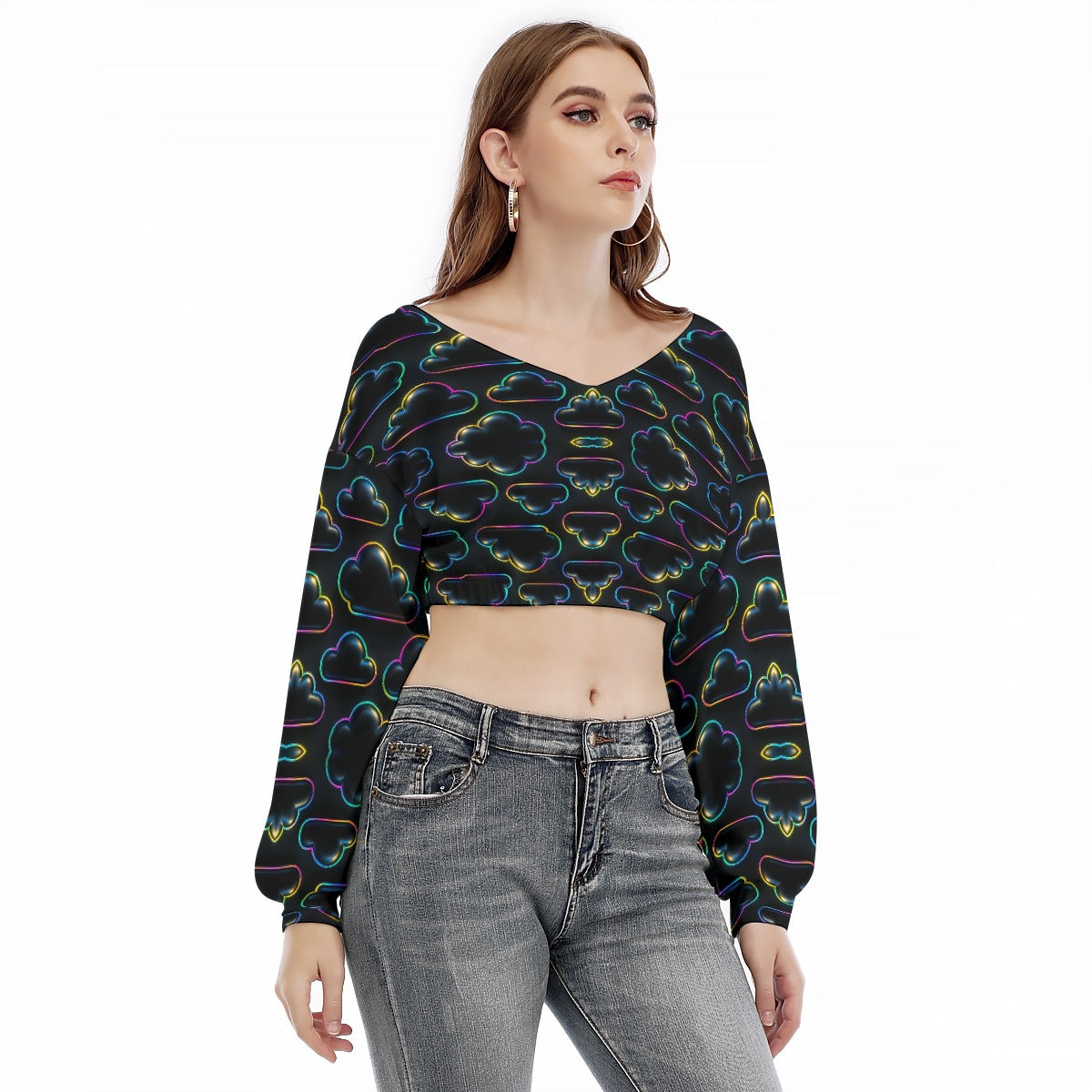 Women's V-neck Long Sleeve Cropped Sweatshirt