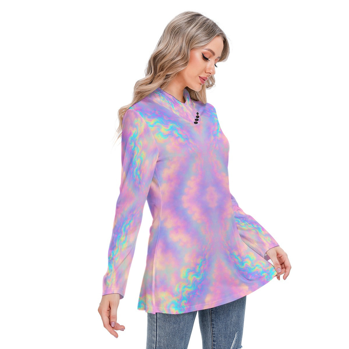 Women's Long-sleeved Heap-neck Slim Casual Tunic Blouse