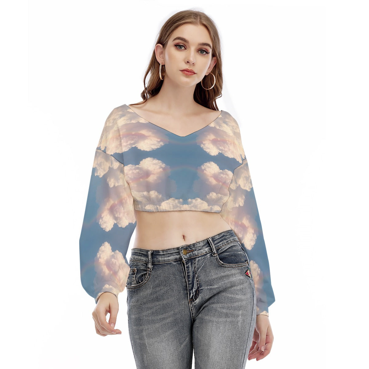 Women's V-neck Long Sleeve Cropped Sweatshirt